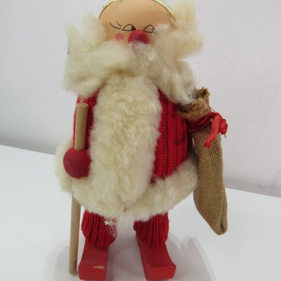 Vintage Handmade Sweden Wooden Santa Claus Christmas Figurine Knit Suit Ski 10'' - Picture 2 of 7